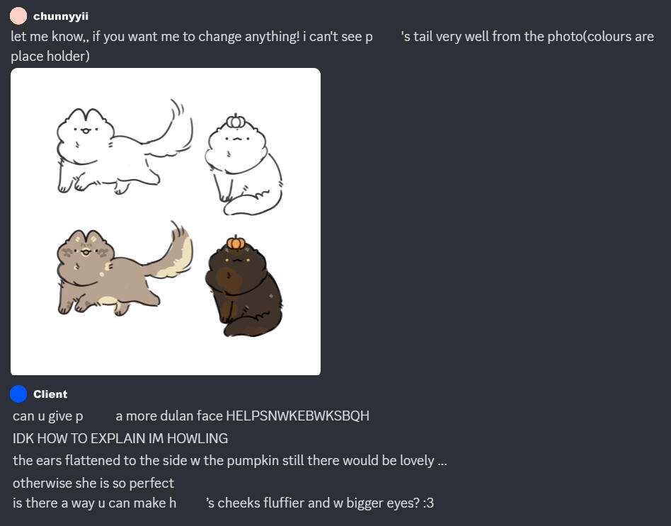 Initial sketches are given after payment was received, feedback and major adjustments have been requested by Client.